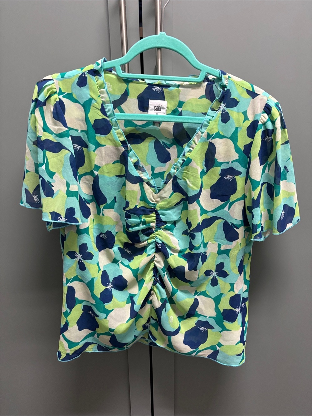 CAbi Aqua, Navy & Lime Floral Ruched V-Neck Top